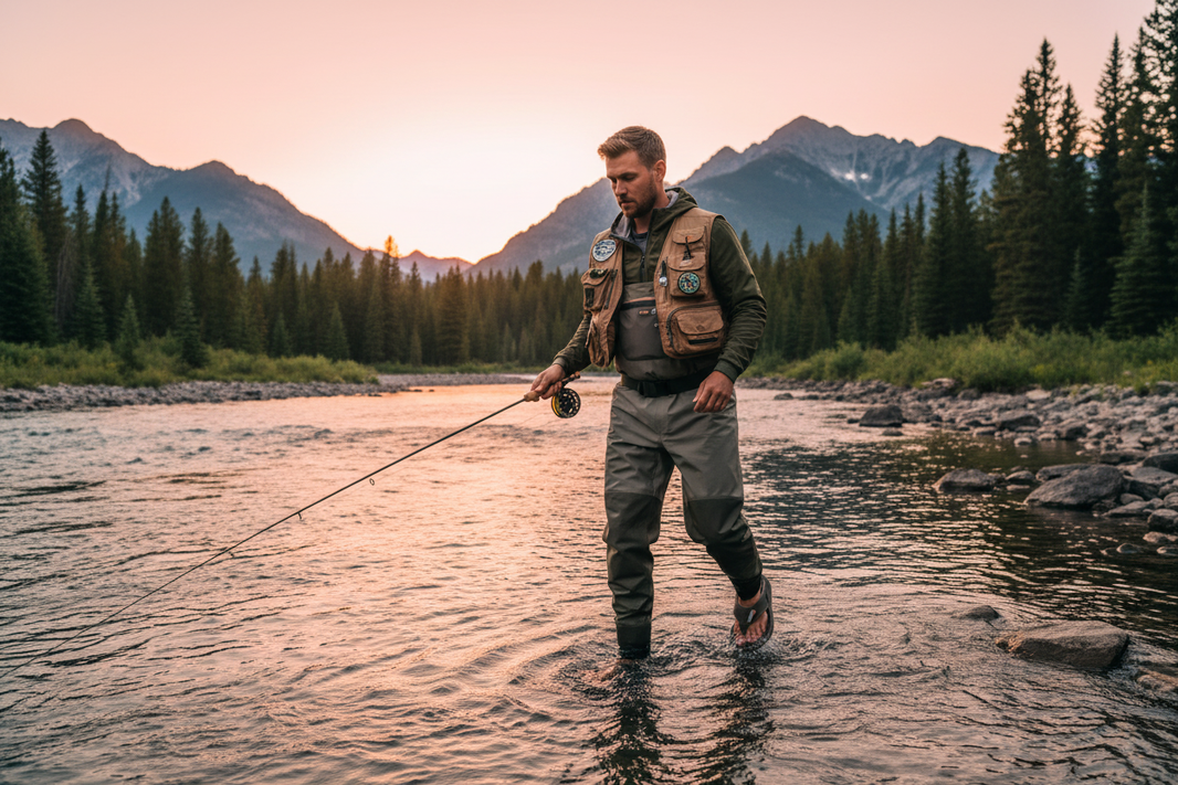 Fly fisherman in Montana river wearing Grundens sandals