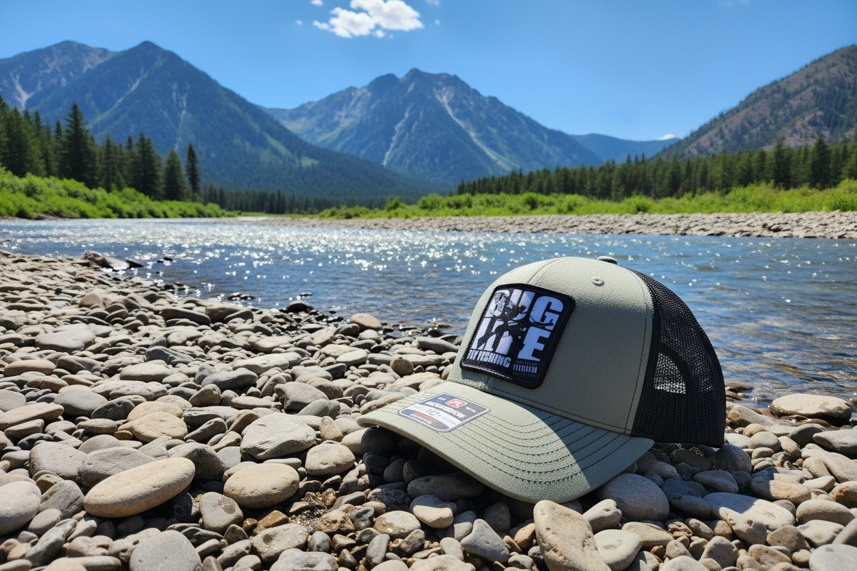 Buglife Fly Goods hat on bright Montana riverbank