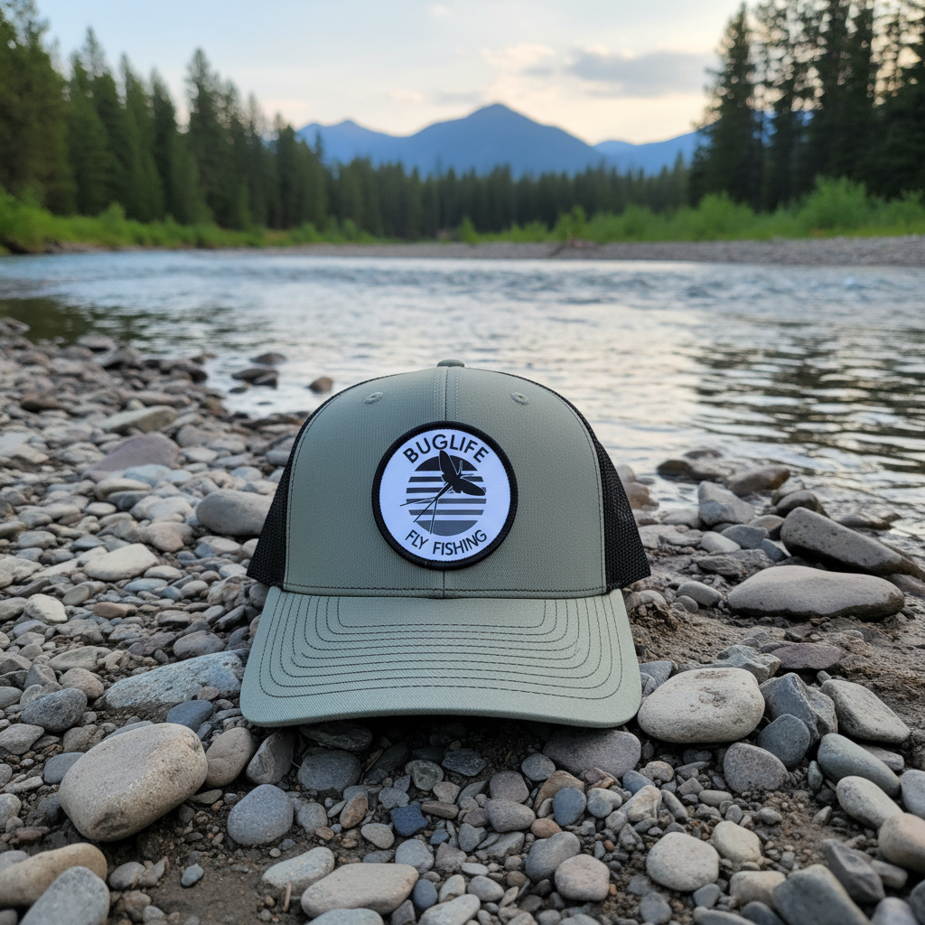 Green hat on Montana riverbank - version 1