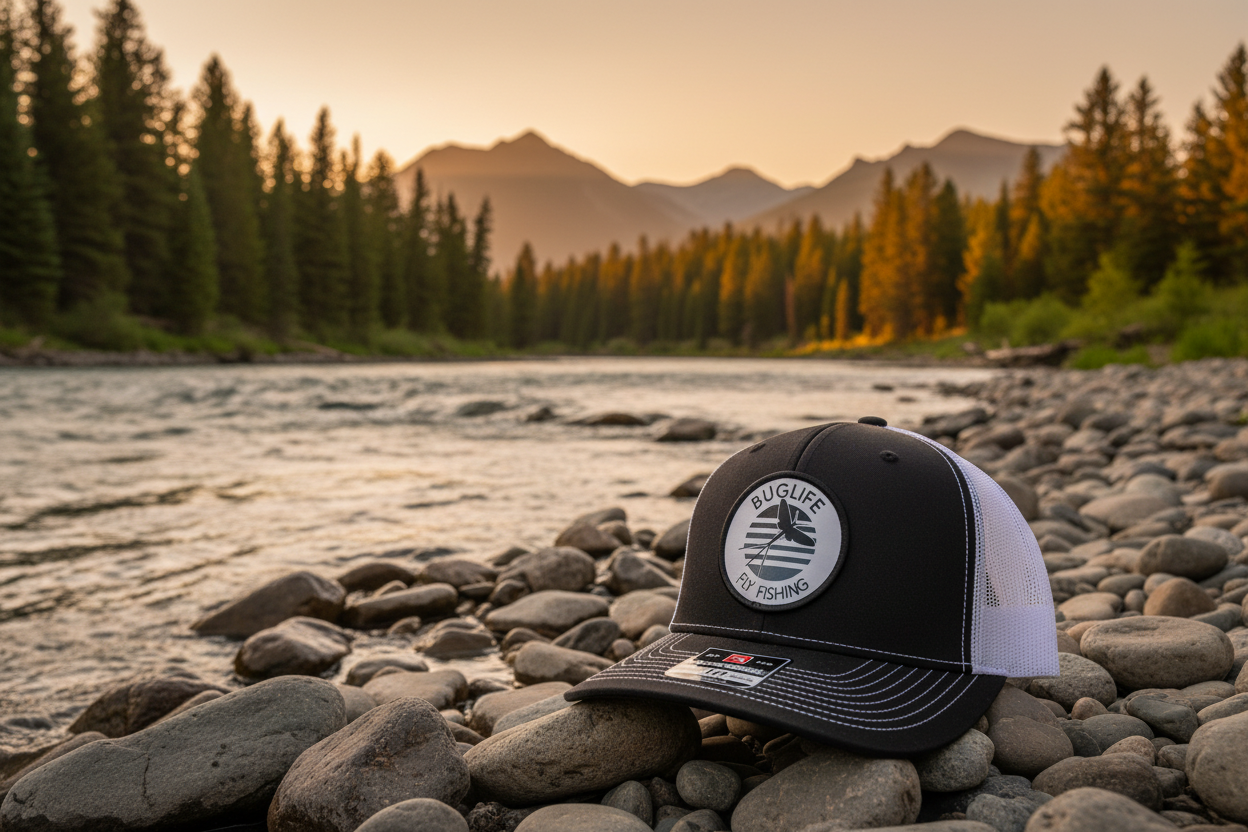 Black and white hat on Montana riverbank
