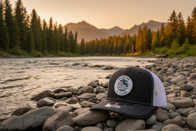 Black and white hat on Montana riverbank