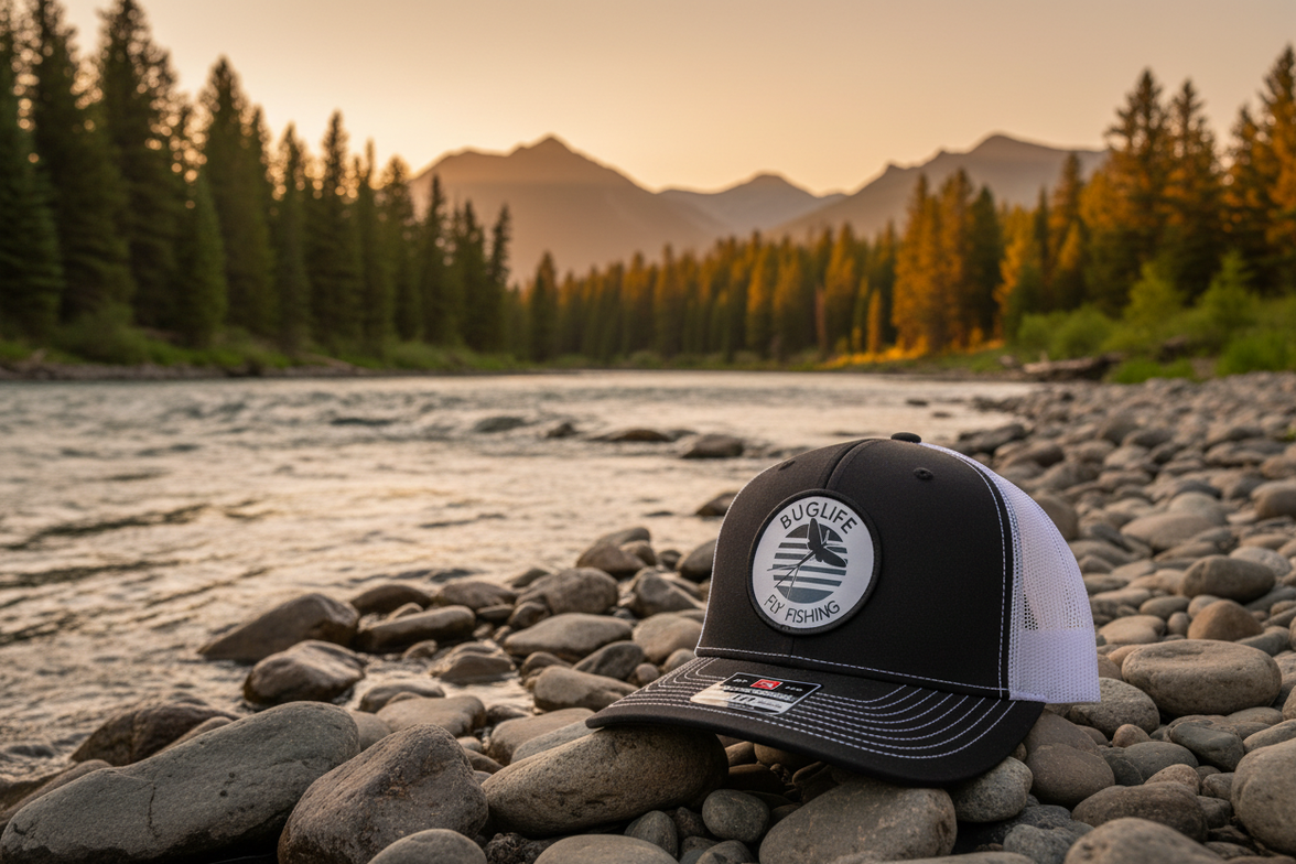 Black and white hat on Montana riverbank