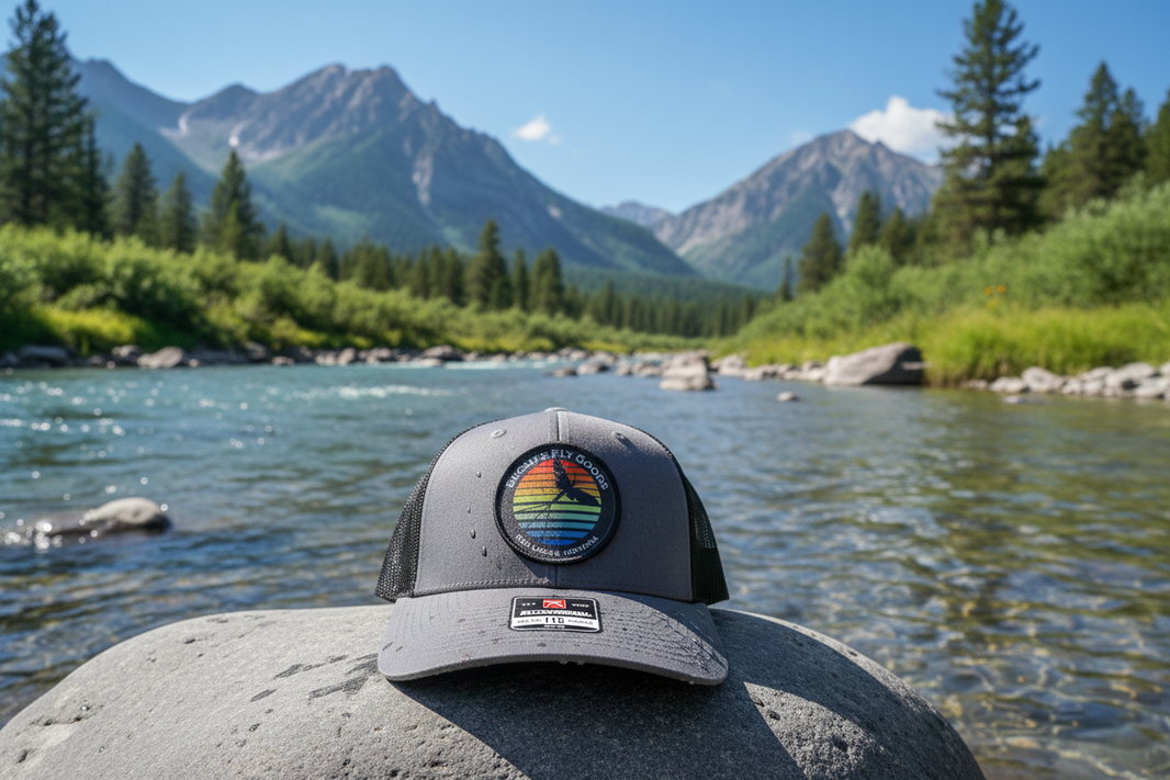 Brightened grey hat on Montana riverbank