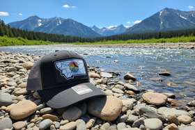 Buglife Fly Goods hat on Montana riverbank - bright