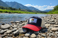 Buglife Fly Goods hat on Montana riverbank - bright