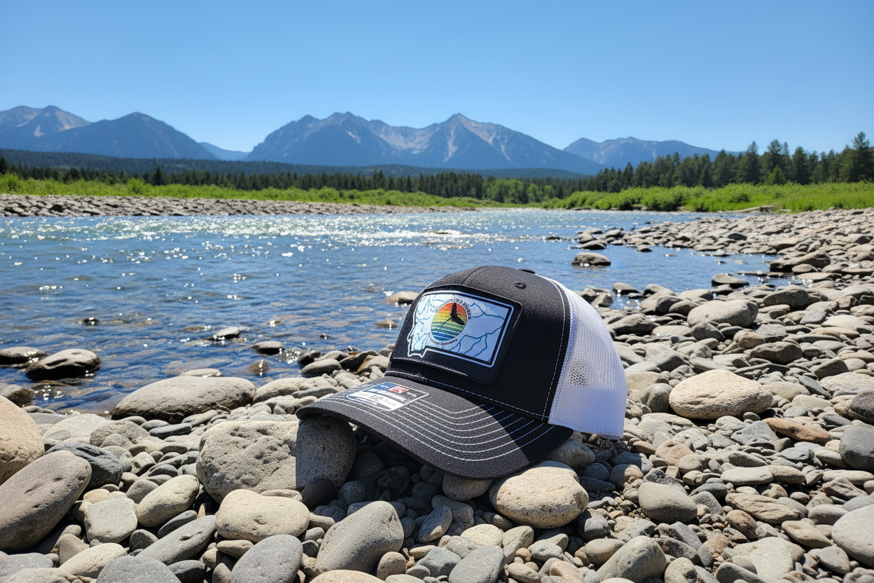 Buglife Fly Goods hat on Montana riverbank - bright