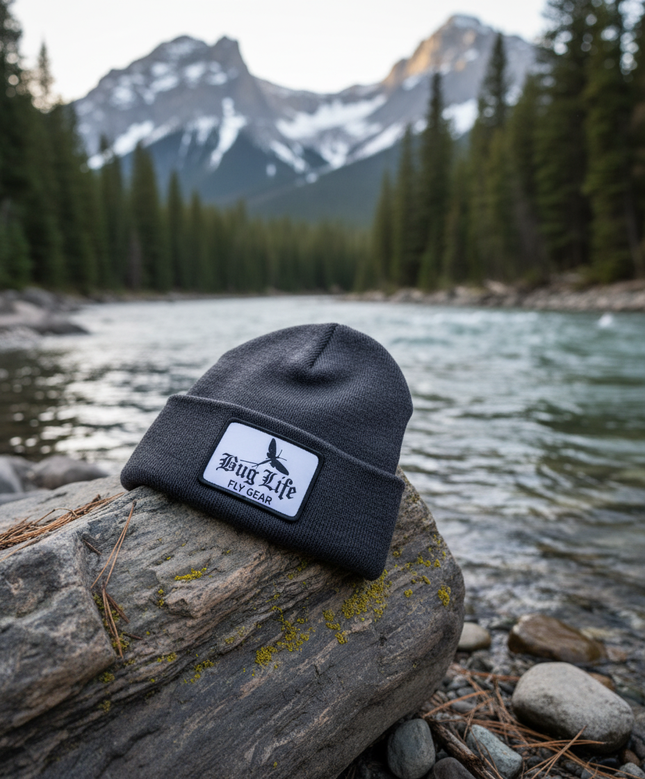 Buglife Flyfishing Beanie with Montana Background