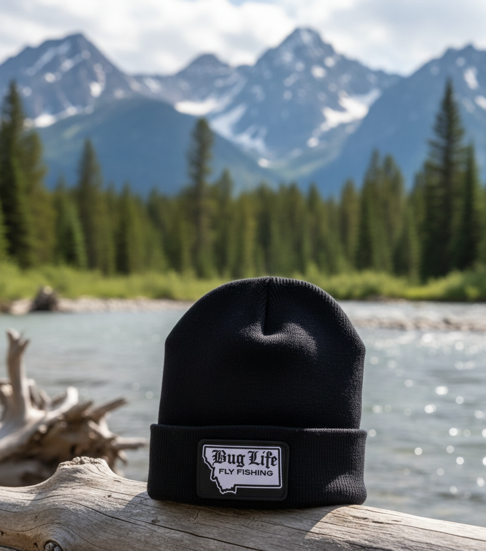 Buglife Flyfishing MT Logo Beanie with Montana Background