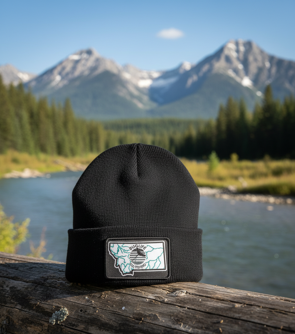 Buglife Flyfishing Rivers Logo Beanie with Montana Background