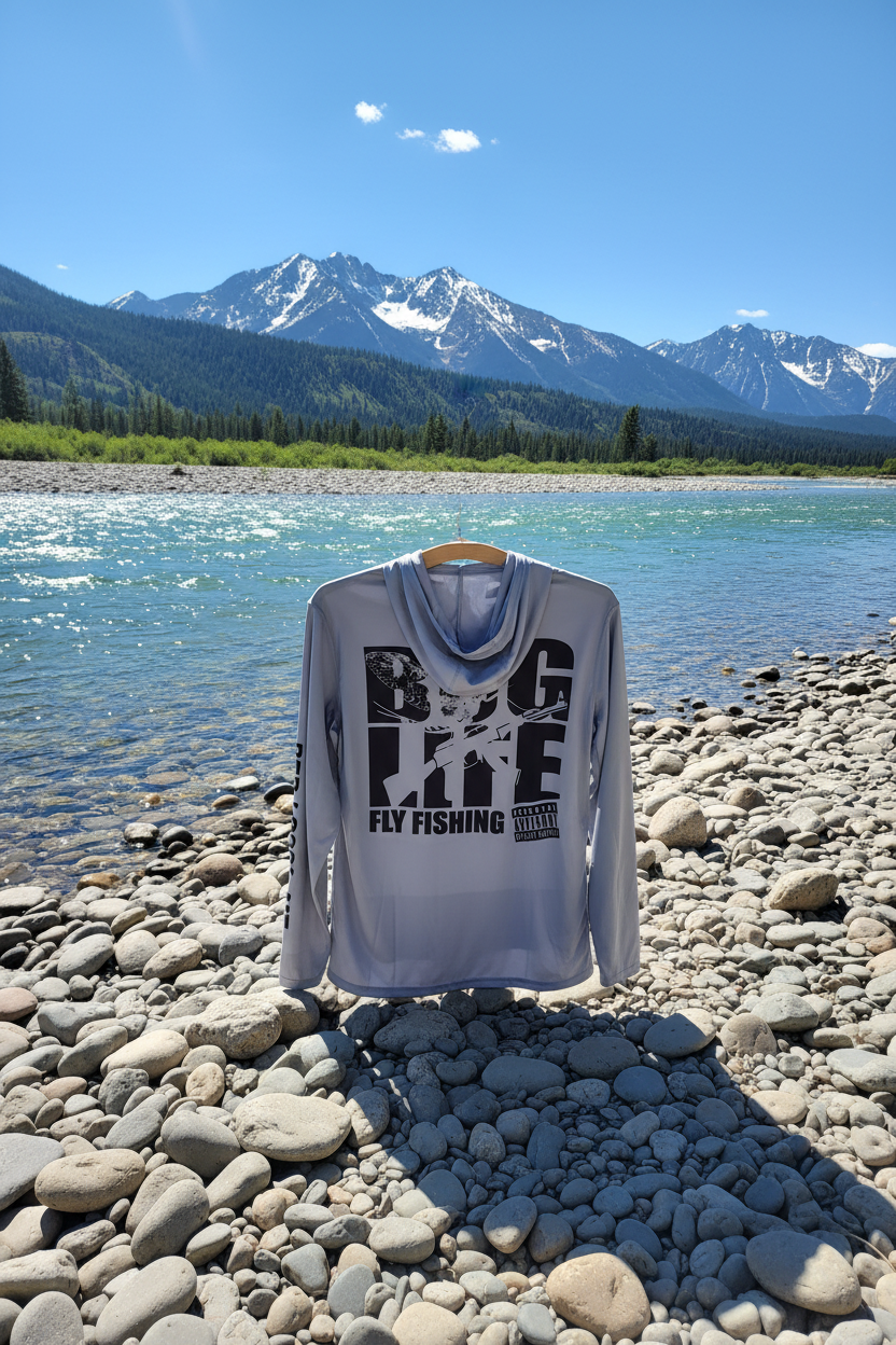 Grundens BFG sun hoodie back upright on Montana riverbank