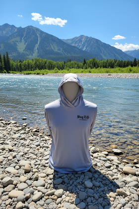 Grundens BFG sun hoodie upright on Montana riverbank