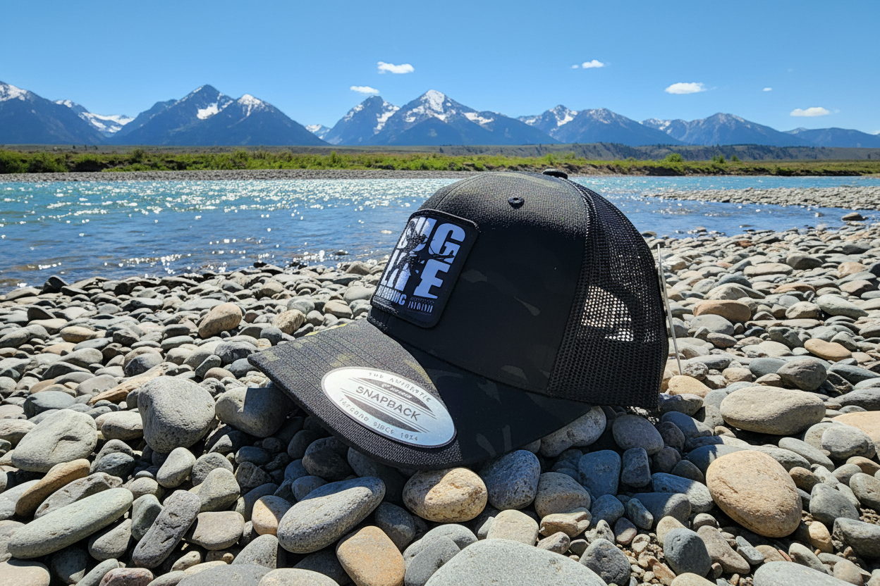 Hat on bright Montana riverbank
