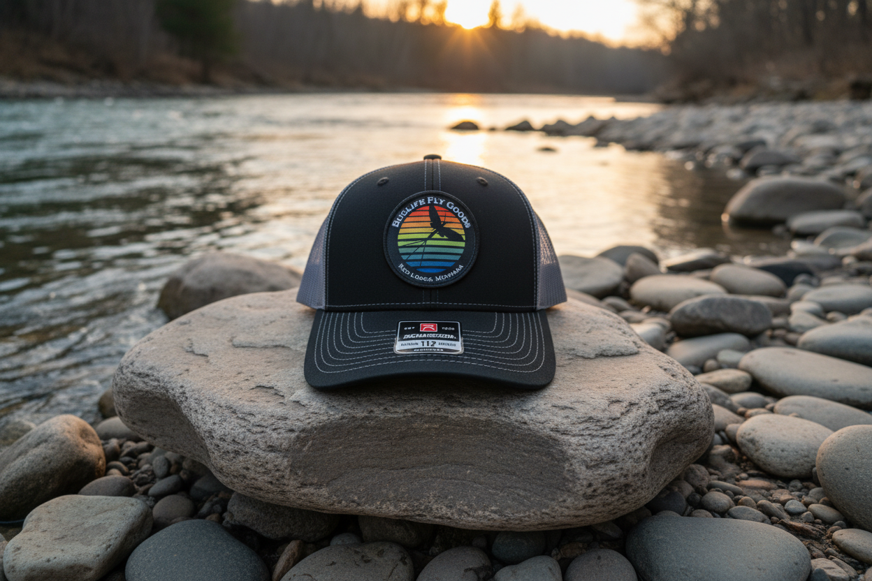 Men's Buglife Fly Goods Hat - Front View on Montana Riverbank