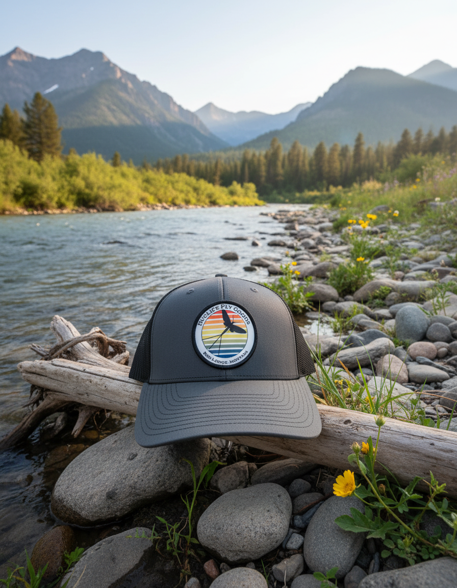 Men's Buglife Fly Goods Hat on Montana Riverbank