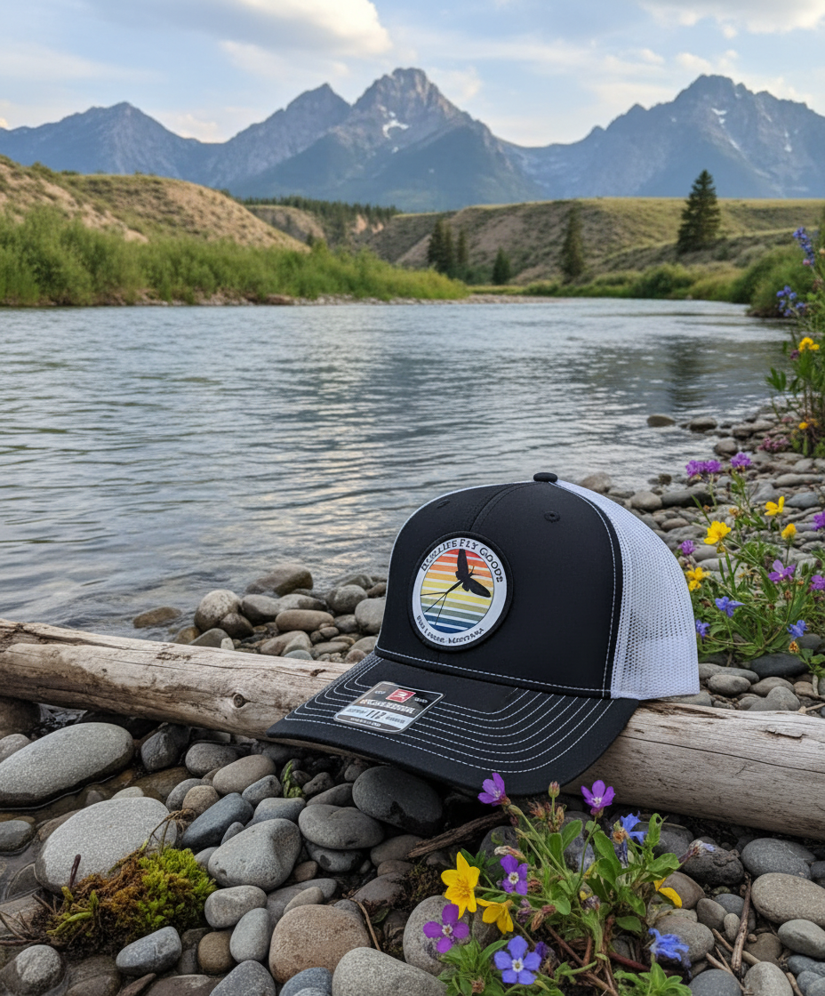 Men's Buglife Fly Goods Hat with Mayfly B/W on Montana Riverbank