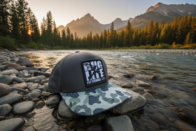 Single Gray Camo Bug Life Hat - 3/4 View on Montana Riverbank