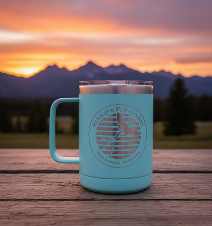 Teal 15 Oz Buglife Fly Goods Mug with Sunset Background